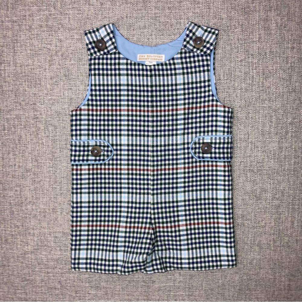 TBBC 6-12m Plaid Button Romper in Blue & Navy EUC